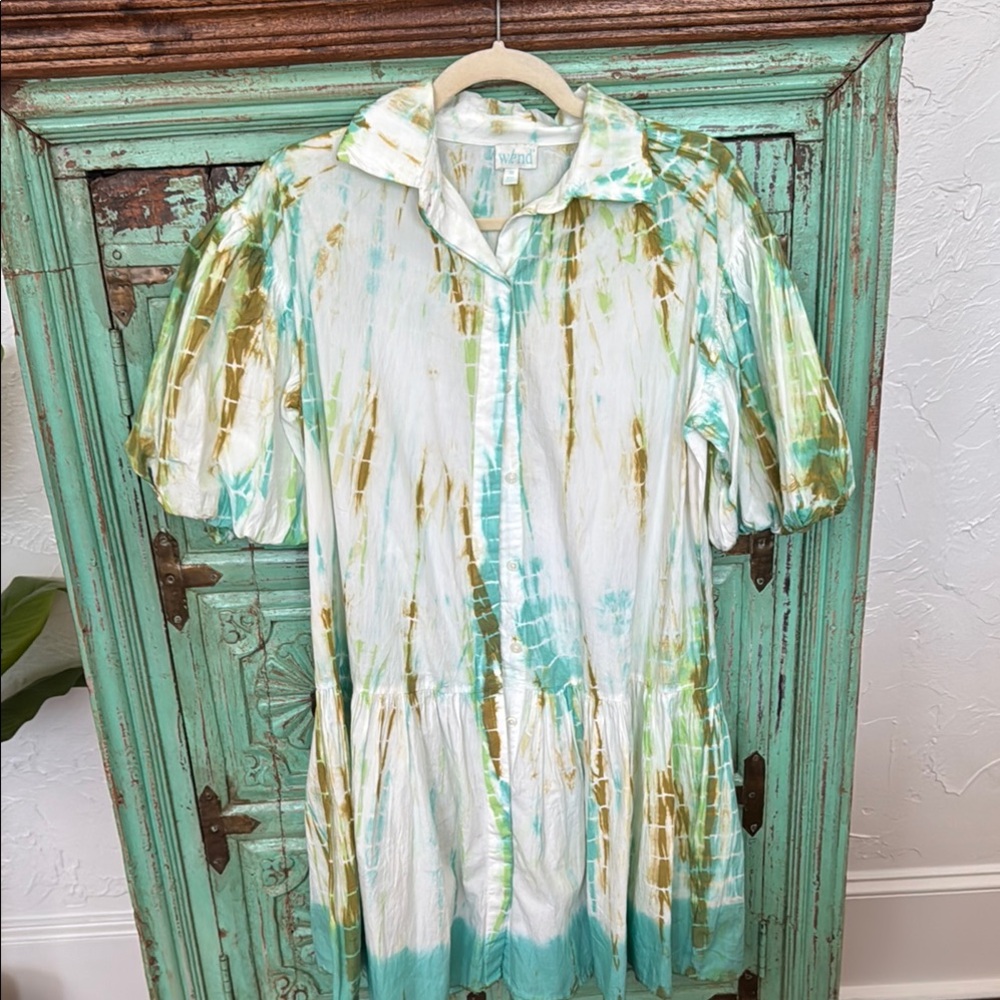 Wknd Green and White Tie-Dye Dress with Puff Sleeves